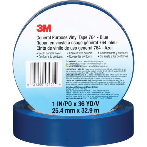 Ruban en vinyle pour travaux g&eacute;n&eacute;raux 764, 25,4 mm (1") la x 32,9 m (108') lo, 5 mils, Bleu Southpoint Industrial Supply