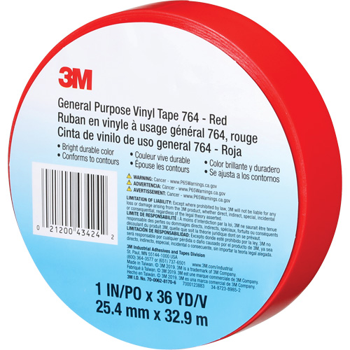 Ruban en vinyle pour travaux g&eacute;n&eacute;raux 764, 25,4 mm (1") la x 32,9 m (108') lo, 5 mils, Rouge Southpoint Industrial Supply
