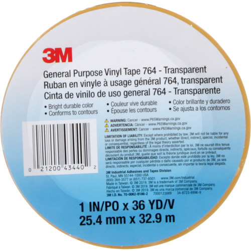 764 General-Purpose Vinyl Tape, 25.4 mm (1") W x 32.9 m (108') L, 5 mils, Clear Southpoint Industrial Supply