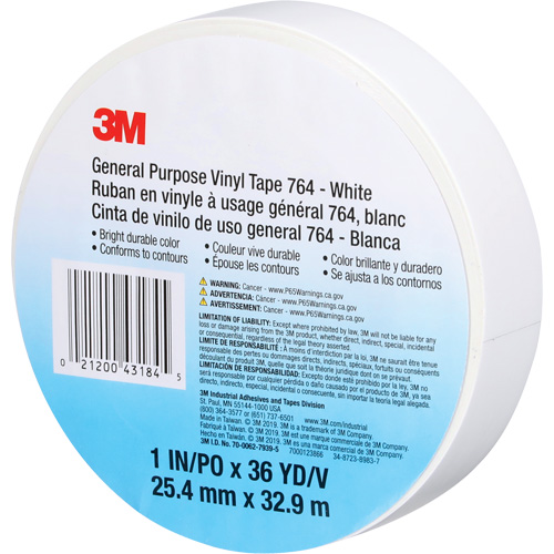 Ruban en vinyle pour travaux g&eacute;n&eacute;raux 764, 25,4 mm (1") la x 32,9 m (108') lo, 5 mils, Blanc Southpoint Industrial Supply
