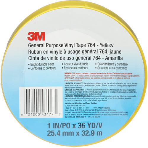 Ruban en vinyle pour travaux g&eacute;n&eacute;raux 764, 25,4 mm (1") la x 32,9 m (108') lo, 5 mils, Jaune Southpoint Industrial Supply