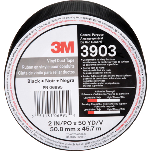 Rubans adh&eacute;sifs en vinyle 3903, 48 mm (2") la x 45 m (148') lo, 6,5 mils, Noir Southpoint Industrial Supply