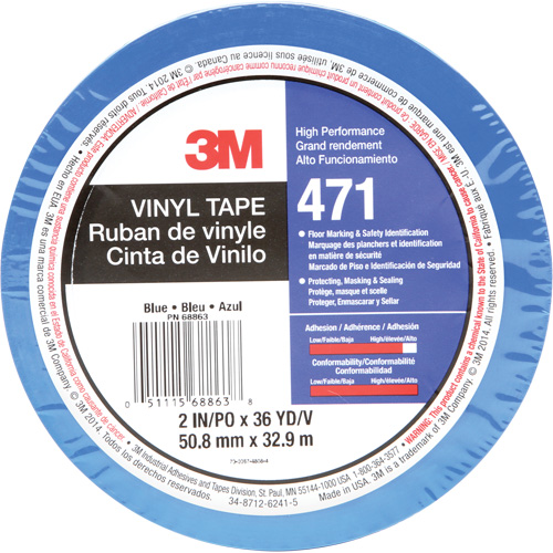 Ruban en vinyle 471, 50,8 mm (2") la x 32,9 m (108') lo, 5,2 mils, Bleu Southpoint Industrial Supply