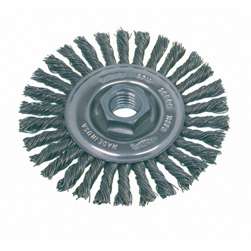 Brosse rotative &agrave; fils nou&eacute;s pour petites meuleuses haute vitesse, pour passe de fond, Dia. 4", Fils 0,02", Arbre 5/8"-11, Acier Southpoint Industrial Supply