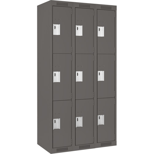 Clean Line Lockers, 3 -tier, Bank of 3, 36" x 18" x 72", Steel, Charcoal, Rivet (Assembled) Southpoint Industrial Supply