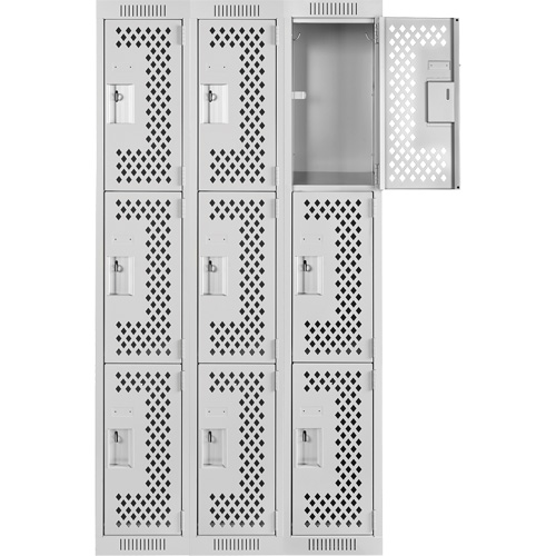 Clean Line Lockers, 3 -tier, Bank of 3, 36" x 12" x 72", Steel, Grey, Rivet (Assembled), Perforated Southpoint Industrial Supply