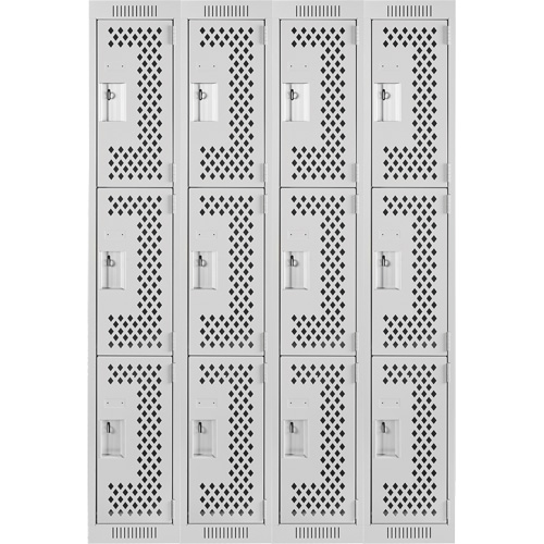 Clean Line Lockers, 3 -tier, Bank of 4, 48" x 12" x 72", Steel, Grey, Rivet (Assembled), Perforated Southpoint Industrial Supply