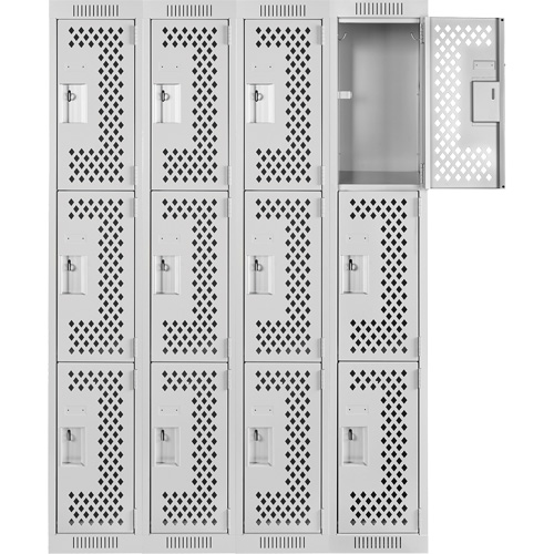 Clean Line Lockers, 3 -tier, Bank of 4, 48" x 12" x 72", Steel, Grey, Rivet (Assembled), Perforated Southpoint Industrial Supply