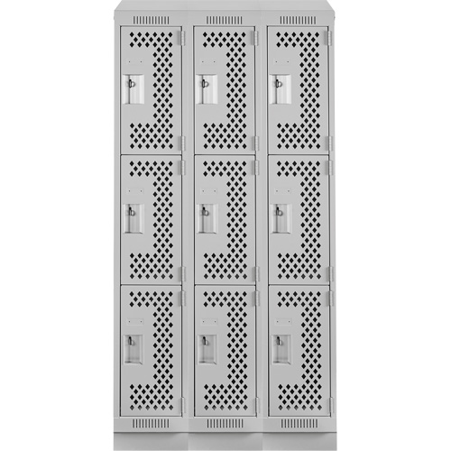 Clean Line Lockers, 3 -tier, Bank of 3, 36" x 18" x 82", Steel, Grey, Rivet (Assembled), Perforated Southpoint Industrial Supply