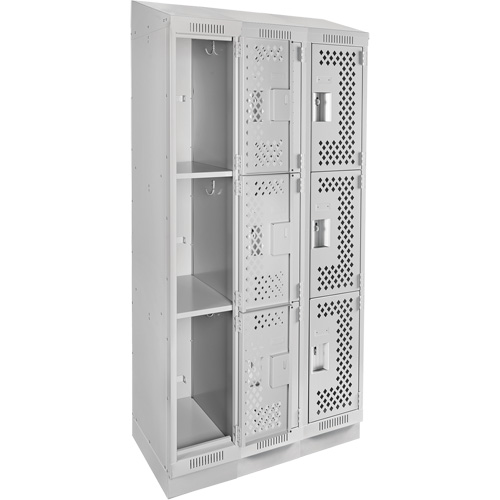 Clean Line Lockers, 3 -tier, Bank of 3, 36" x 18" x 82", Steel, Grey, Rivet (Assembled), Perforated Southpoint Industrial Supply