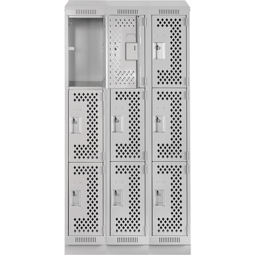 Clean Line Lockers, 3 -tier, Bank of 3, 36" x 18" x 82", Steel, Grey, Rivet (Assembled), Perforated Southpoint Industrial Supply