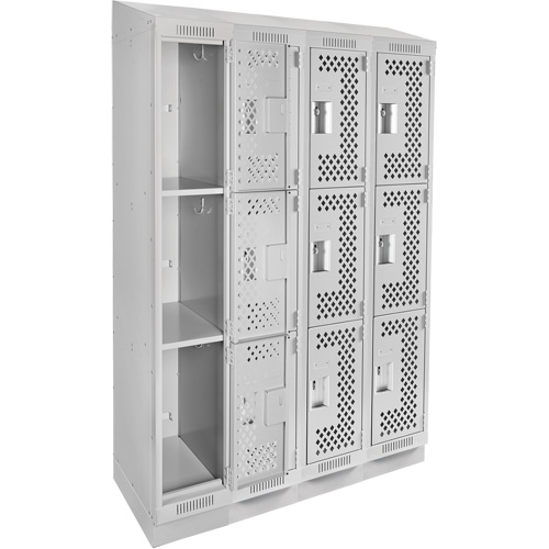 Clean Line Lockers, 3 -tier, Bank of 4, 48" x 18" x 82", Steel, Grey, Rivet (Assembled), Perforated Southpoint Industrial Supply