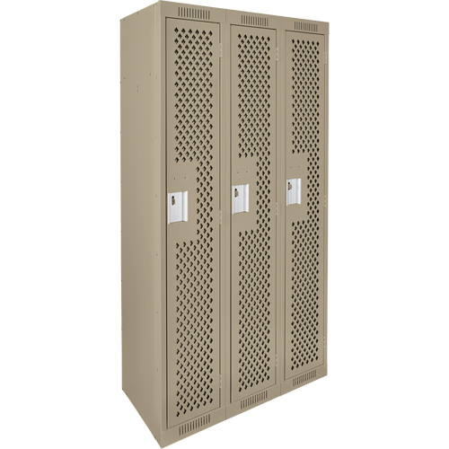 Clean Line Lockers, Bank of 3, 36" x 12" x 72", Steel, Beige, Rivet (Assembled), Perforated Southpoint Industrial Supply