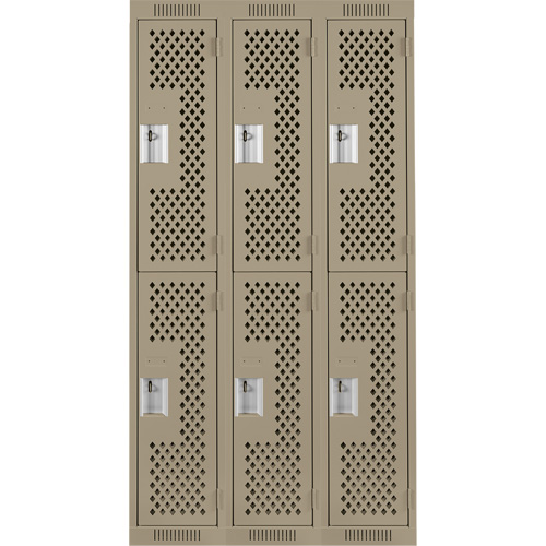 Clean Line Lockers, 2 -tier, Bank of 3, 36" x 15" x 72", Steel, Beige, Rivet (Assembled), Perforated Southpoint Industrial Supply