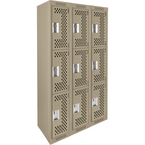 Clean Line Lockers, 3 -tier, Bank of 3, 36" x 12" x 72", Steel, Beige, Rivet (Assembled), Perforated Southpoint Industrial Supply
