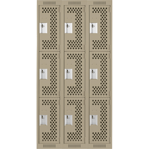Clean Line Lockers, 3 -tier, Bank of 3, 36" x 12" x 72", Steel, Beige, Rivet (Assembled), Perforated Southpoint Industrial Supply