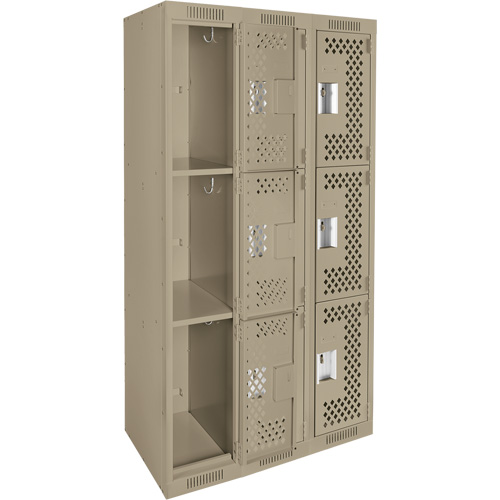 Clean Line Lockers, 3 -tier, Bank of 3, 36" x 12" x 72", Steel, Beige, Rivet (Assembled), Perforated Southpoint Industrial Supply
