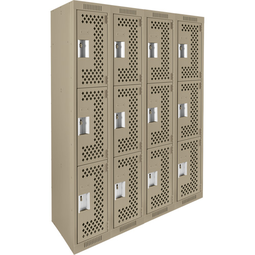 Clean Line Lockers, 3 -tier, Bank of 4, 48" x 12" x 72", Steel, Beige, Rivet (Assembled), Perforated Southpoint Industrial Supply