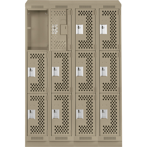 Clean Line Lockers, 3 -tier, Bank of 4, 48" x 18" x 82", Steel, Beige, Rivet (Assembled), Perforated Southpoint Industrial Supply