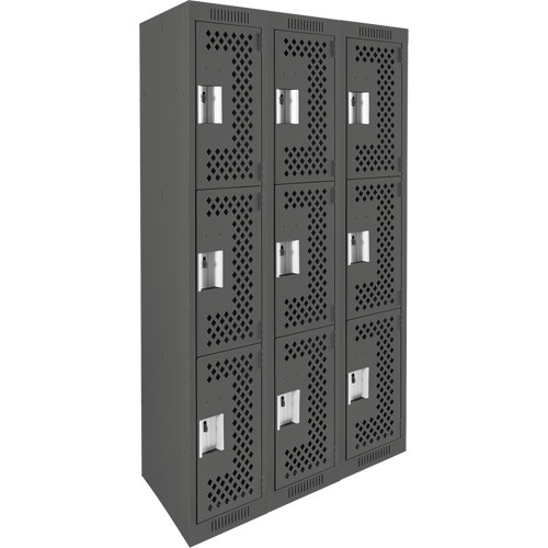Clean Line Lockers, 3 -tier, Bank of 3, 36" x 12" x 72", Steel, Charcoal, Rivet (Assembled), Perforated Southpoint Industrial Supply
