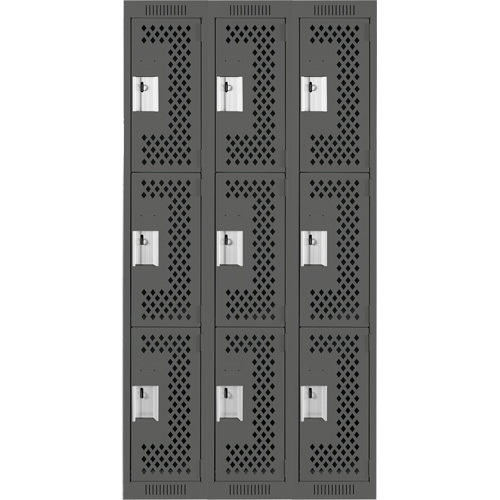 Clean Line Lockers, 3 -tier, Bank of 3, 36" x 12" x 72", Steel, Charcoal, Rivet (Assembled), Perforated Southpoint Industrial Supply