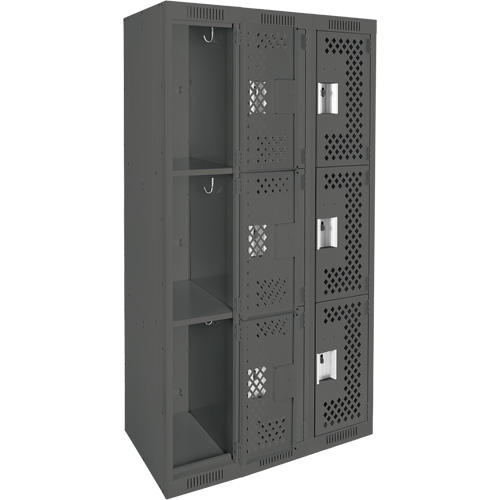 Clean Line Lockers, 3 -tier, Bank of 3, 36" x 12" x 72", Steel, Charcoal, Rivet (Assembled), Perforated Southpoint Industrial Supply
