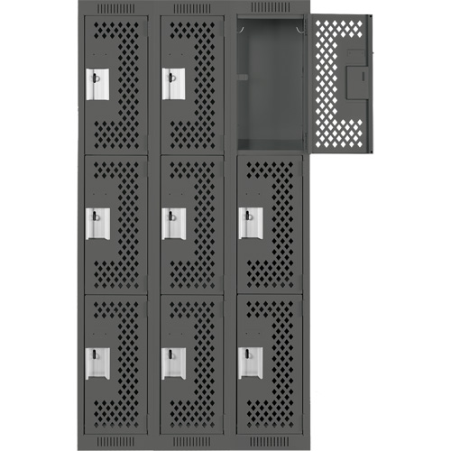 Clean Line Lockers, 3 -tier, Bank of 3, 36" x 12" x 72", Steel, Charcoal, Rivet (Assembled), Perforated Southpoint Industrial Supply