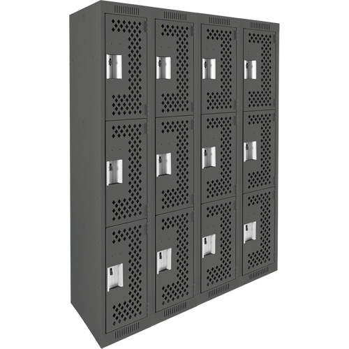Clean Line Lockers, 3 -tier, Bank of 4, 48" x 12" x 72", Steel, Charcoal, Rivet (Assembled), Perforated Southpoint Industrial Supply