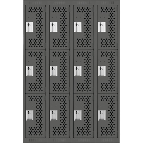 Clean Line Lockers, 3 -tier, Bank of 4, 48" x 12" x 72", Steel, Charcoal, Rivet (Assembled), Perforated Southpoint Industrial Supply