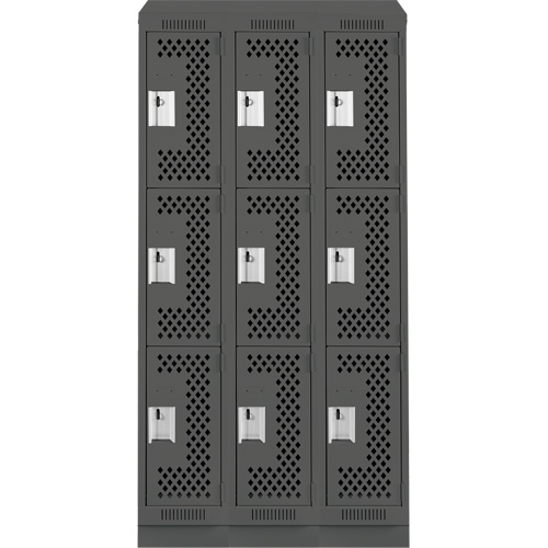Clean Line Lockers, 3 -tier, Bank of 3, 36" x 18" x 82", Steel, Charcoal, Rivet (Assembled), Perforated Southpoint Industrial Supply