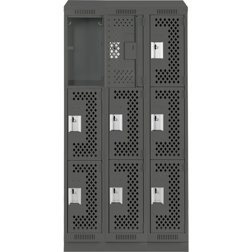 Clean Line Lockers, 3 -tier, Bank of 3, 36" x 18" x 82", Steel, Charcoal, Rivet (Assembled), Perforated Southpoint Industrial Supply