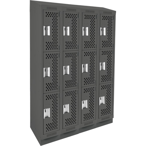 Clean Line Lockers, 3 -tier, Bank of 4, 48" x 18" x 82", Steel, Charcoal, Rivet (Assembled), Perforated Southpoint Industrial Supply