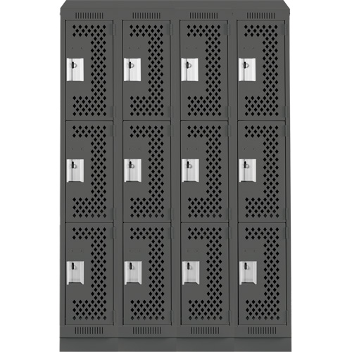 Clean Line Lockers, 3 -tier, Bank of 4, 48" x 18" x 82", Steel, Charcoal, Rivet (Assembled), Perforated Southpoint Industrial Supply