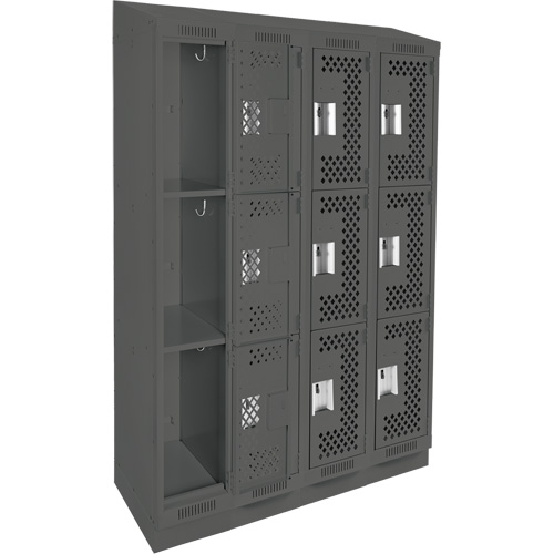 Clean Line Lockers, 3 -tier, Bank of 4, 48" x 18" x 82", Steel, Charcoal, Rivet (Assembled), Perforated Southpoint Industrial Supply