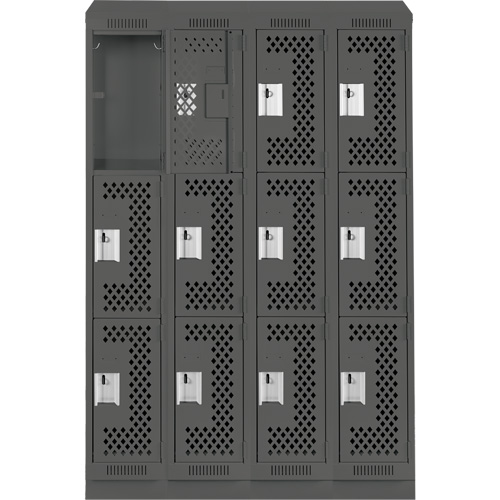 Clean Line Lockers, 3 -tier, Bank of 4, 48" x 18" x 82", Steel, Charcoal, Rivet (Assembled), Perforated Southpoint Industrial Supply
