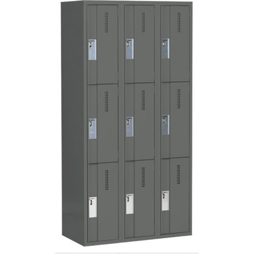 Concorde Heavy-Duty Lockers, 3 -tier, Bank of 3, 36" x 18" x 72", Steel, Charcoal, Welded (Assembled) Southpoint Industrial Supply