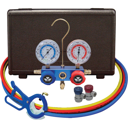Automotive Manifold Gauge Set with Manual Couplers & 3-in-1 Side Mount Can Tap Valve Southpoint Industrial Supply