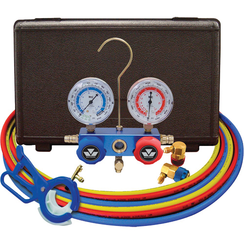 Dual Manifold Gauge Set with 3-in-1 Side Mount Can Tap Valve Southpoint Industrial Supply
