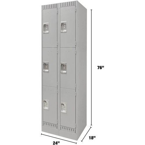 Lockers, 3 -tier, Bank of 2, 24" x 18" x 76", Steel, Grey, Knocked Down Southpoint Industrial Supply
