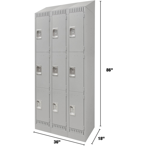 Lockers, 3 -tier, Bank of 3, 36" x 18" x 86", Steel, Grey, Knocked Down Southpoint Industrial Supply