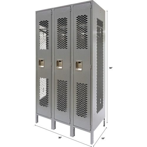 Vented Lockers, Bank of 3, 36" x 18" x 78", Steel, Grey, Knocked Down, Perforated Southpoint Industrial Supply