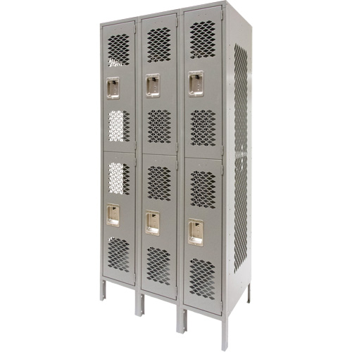Vented Lockers, 2 -tier, Bank of 3, 36" x 18" x 78", Steel, Grey, Knocked Down, Perforated Southpoint Industrial Supply
