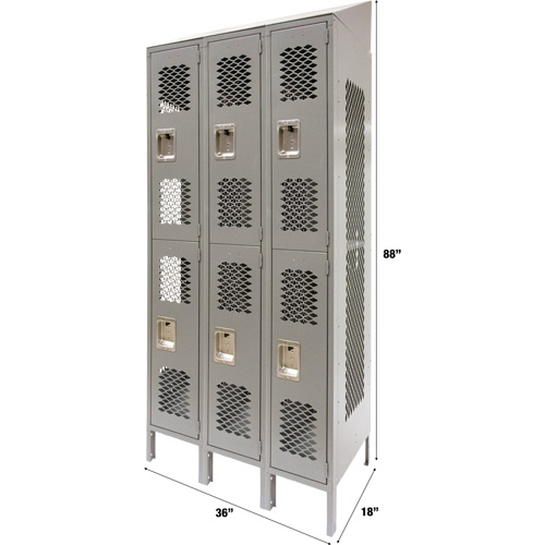 Vented Lockers, 2 -tier, Bank of 3, 36 x 18" x 88", Steel, Grey, Knocked Down, Perforated Southpoint Industrial Supply