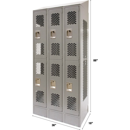 Vented Lockers, 2 -tier, Bank of 3, 36 x 18" x 88", Steel, Grey, Knocked Down, Perforated Southpoint Industrial Supply