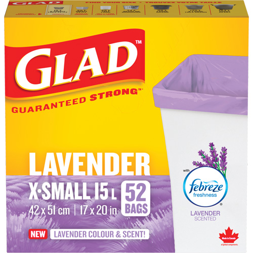 Sacs parfum&eacute;s et de couleur lavande de Glad, Fort, 17" la x 20" lo, Mauve, Capacit&eacute; 15 L (3,96 gal) Southpoint Industrial Supply