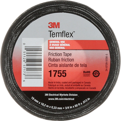Temflex Cotton Friction Tape 1755, 19 mm (3/4") x 18.28 m (60'), Black Southpoint Industrial Supply