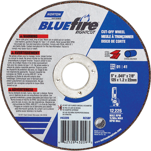 BlueFire&reg; Cut-off Wheel, 4-1/2" x 0.045"/1/16", 7/8" Arbor, Type 01/41, Aluminum Oxide/Zirconium, 13580 RPM Southpoint Industrial Supply
