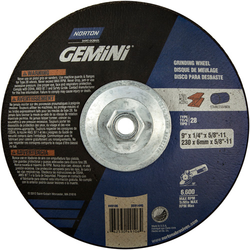 Gemini&reg; Saucer Wheel, 9" x 1/4", 5/8"-11 Arbor, Aluminum Oxide, Type 28 Southpoint Industrial Supply