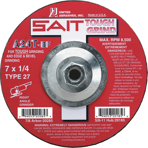 A24T Tough Grind Grinding Wheel, 4-1/2" x 1/4", 7/8" Arbor, Aluminum Oxide, Type 27 Southpoint Industrial Supply