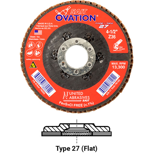 Ovation Flap Disc, 4-1/2" x 5/8"-11, Type 27, 36 Grit, Zirconium Southpoint Industrial Supply